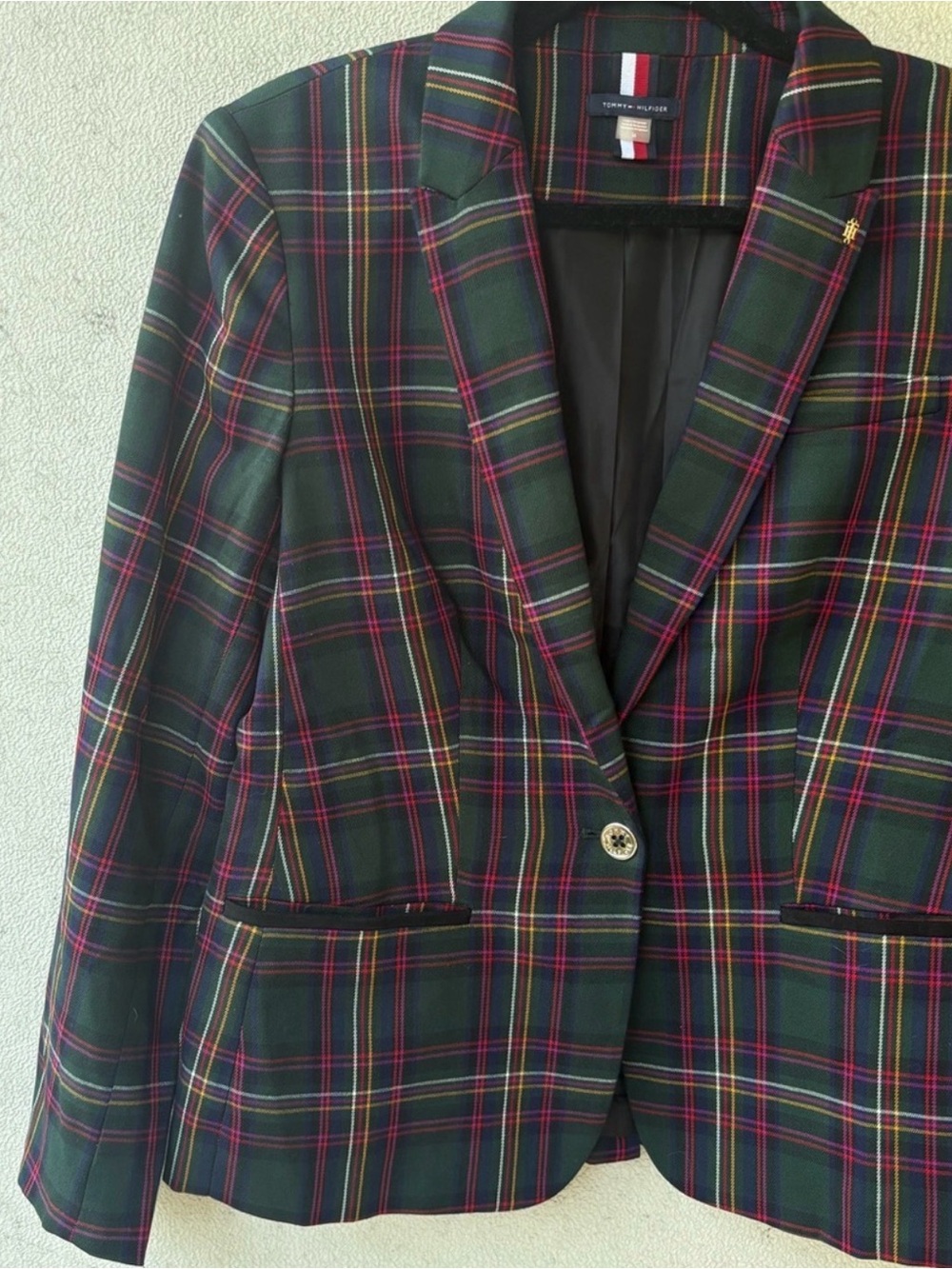 Tommy Hilfiger Tartan Plaid Blazer Velvet Elbow Patch Jacket Size 14